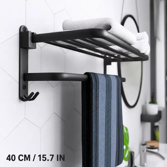 Étagère de salle de bain noire mate avec porte-serviettes, organisateur de douche mural à 2 niveaux,