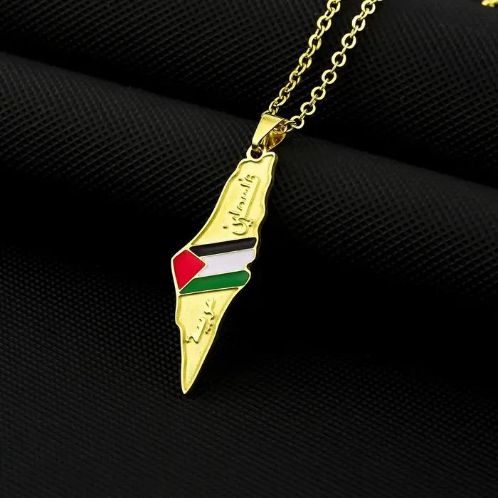 Collier pendentif carte de la Palestine pour hommes et femmes, or, argent, document, acier inoxydabl