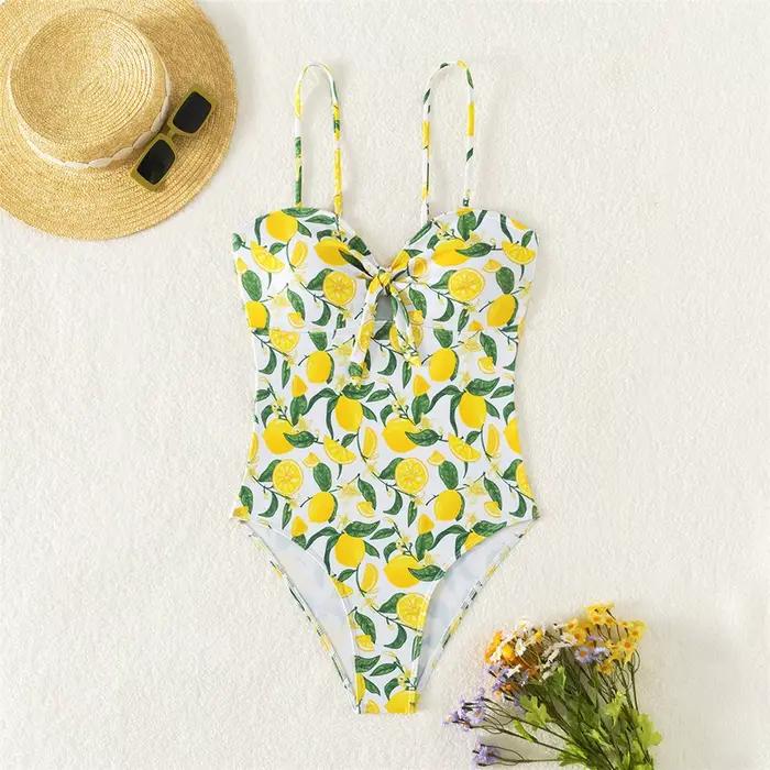 Nouveau Maillot de Bain Une Pièce Noué Imprimé Citron 2026 pour Femme, Monokini à Coupe Haute, Maill