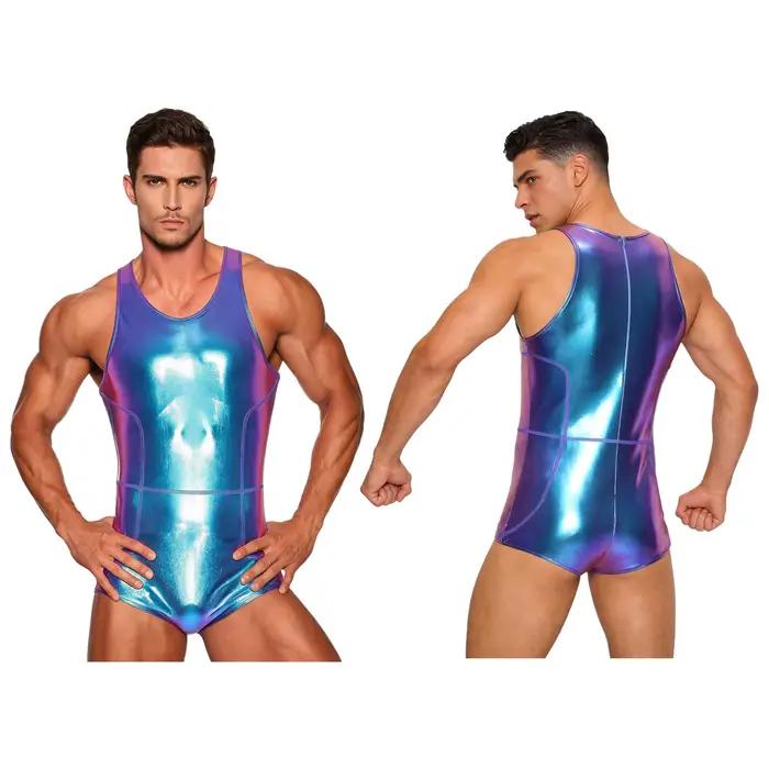 Maillot de bain une pièce pour homme, effet métallisé brillant, style short, sans manches, avec ferm