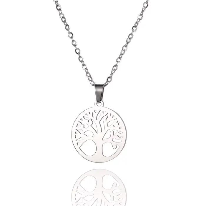 Arbre de vie femmes Collier pendentif rond en acier inoxydable Collier femmes élégant cercle arbre B