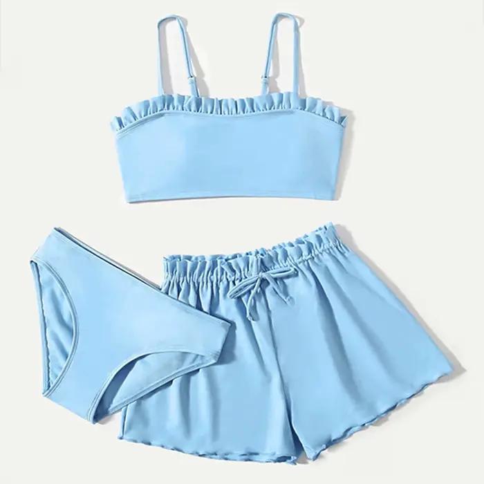 Maillot de bain pour filles 2026, ensemble 3 pièces pour adolescentes, maillot de bain uni à volants