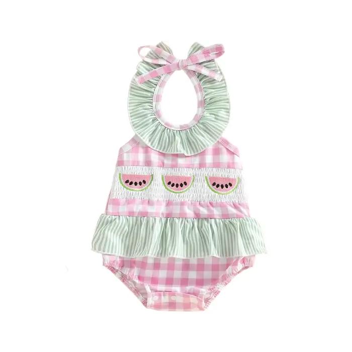 0-24M nouveau-né bébé fille maillot de bain Plaid pastèque brodé cravate sans manches à volants mail