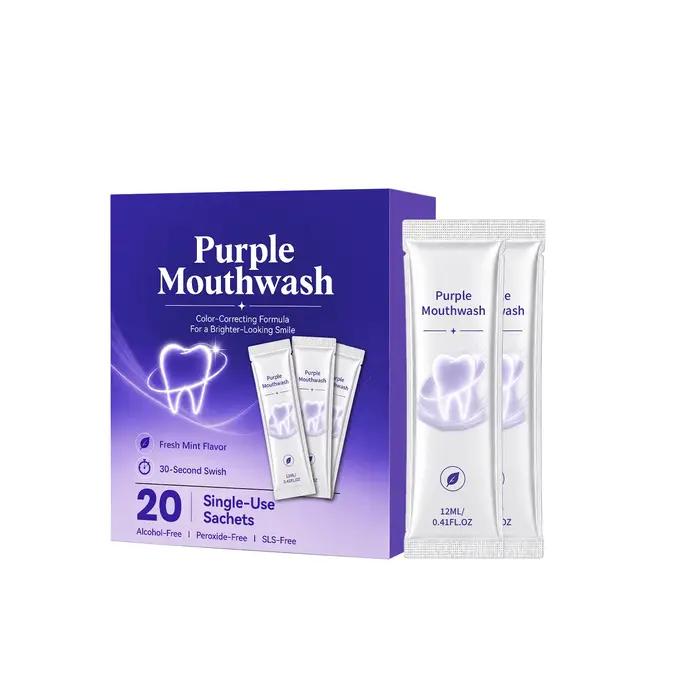 Sachets de bain de bouche violets de 12 ml sans alcool, menthe fraîche, pour voyage, rafraîchissemen