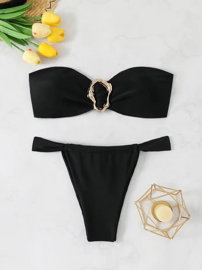 Bikinis bandeau et string 2026 pour femme, maillot de bain sexy uni rembourré, tenue de plage