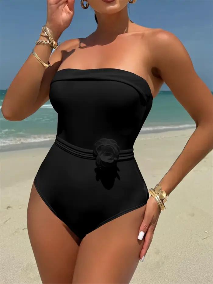 Maillot de bain une pièce bandeau sexy 2026 pour femme, blanc et noir, motif floral 3D rose, bandage