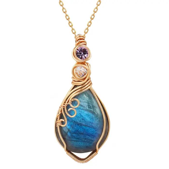 Pendentif en pierre précieuse arc-en-ciel Labradorite, fil de cuivre enveloppé, bijoux, collier en L