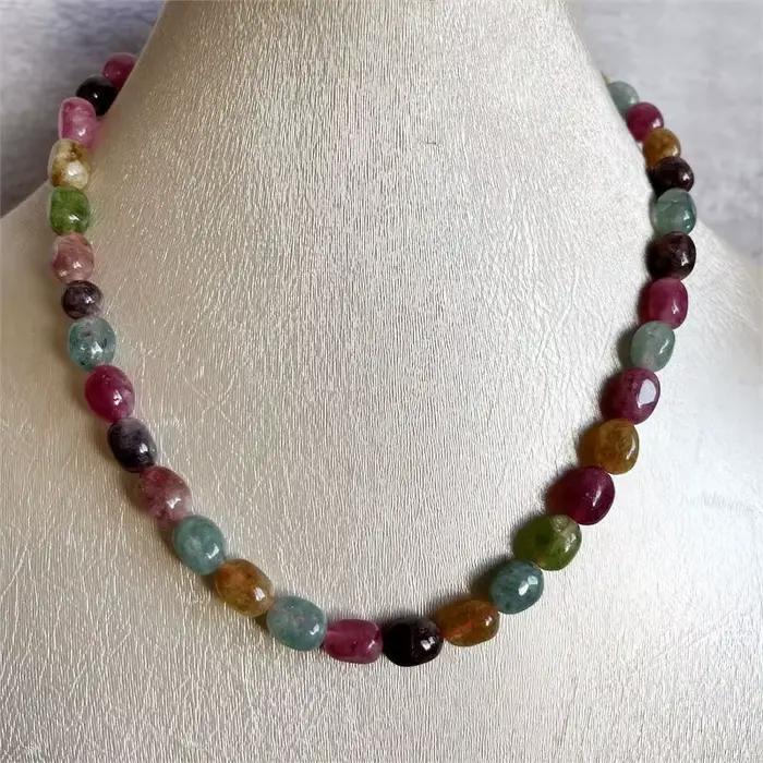 Collier en pierre naturelle de pépite de tourmaline, bijoux de diversification, rose, jaune, vert, m
