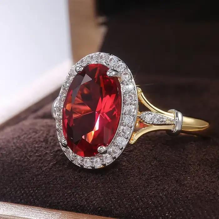 Bagues de luxe en zircone cubique rouge Rose pour femmes, couleur or, bijoux de luxe pour dames, pou