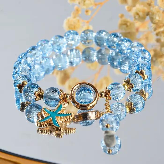 Bracelet élégant pour femme, perles bleues craquelées, étoile de mer créative, cadeau pour une amie,