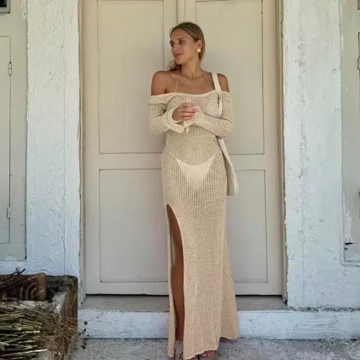 Robe de plage cache-maillot de bain, nouvelle collection été 2026, couleur unie, sexy, tricotée avec