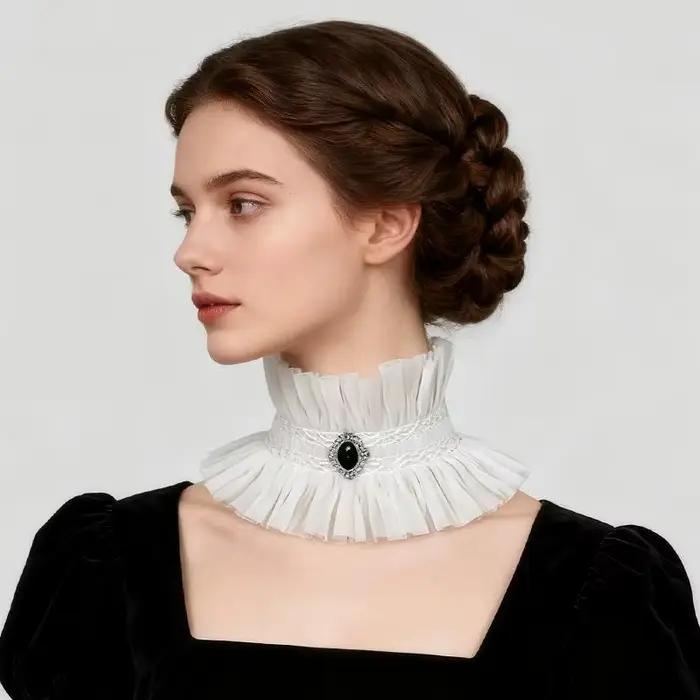Collier de cou gothique à volants, style victorien noir et blanc, col jabot en dentelle décoré de pi