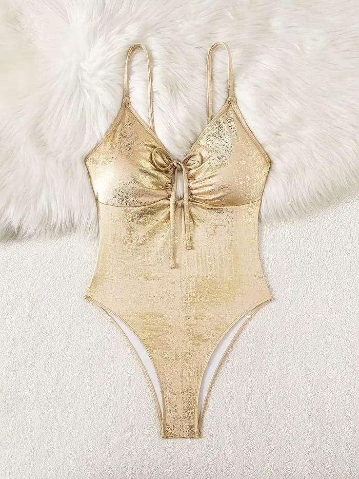 Maillot de bain sexy pour femme, une pièce, tendance, brillant, col en V, à lacets, confortable, pou
