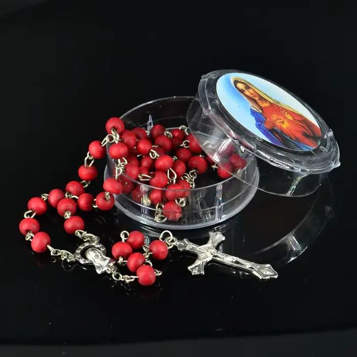 Perles de chapelet en bois parfumées à la rose, pendentif croix INRI JESUS, bijoux religieux catholi