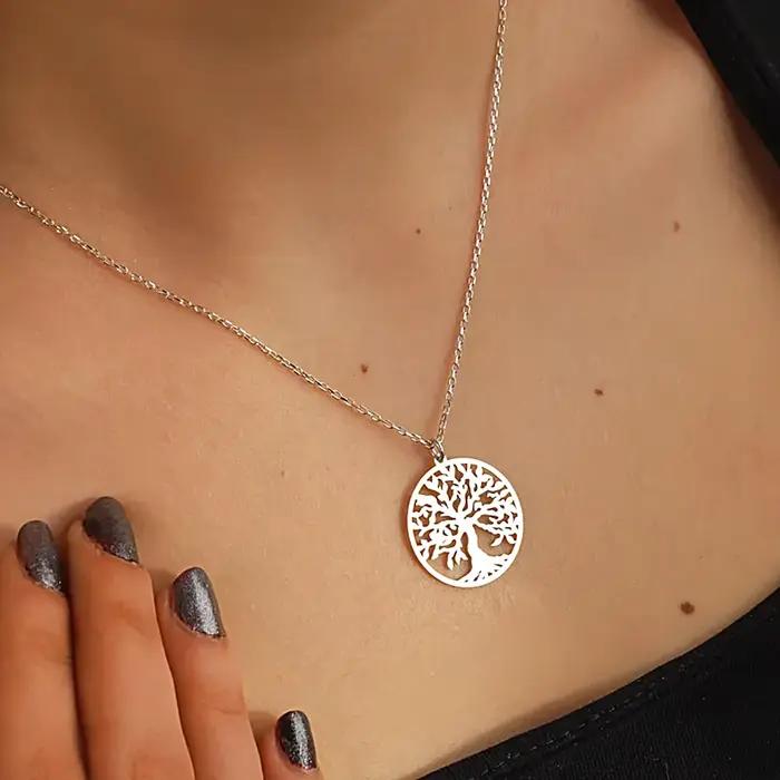Arbre De vie pendentif collier en acier inoxydable pour femmes hommes couleur argent chaîne colliers