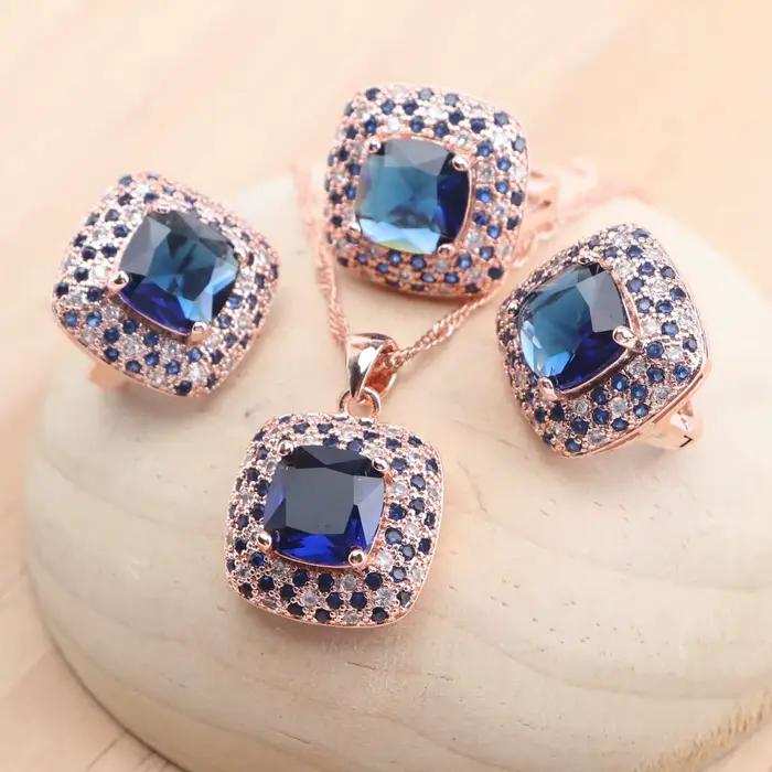 Ensemble de bijoux de mariée en argent 925, couleur or Rose, Zircon bleu pour femmes, boucles d'orei