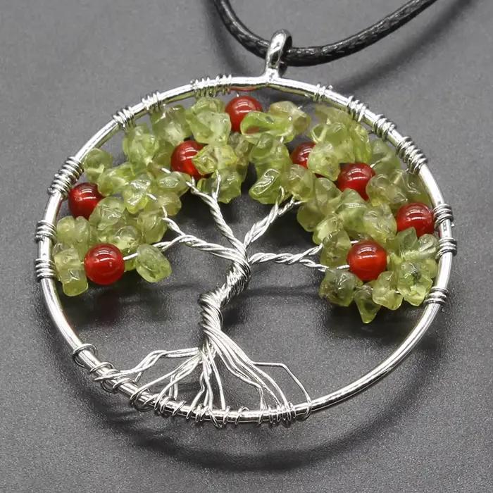 Collier pendentif arbre de vie en pierre d'olivine naturelle, péridot enveloppé de fil, Agate rouge,