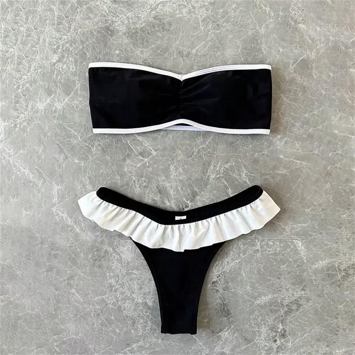 Maillot de bain Bandeau noir Bikinis ensembles blanc bordure à volants maillot de bain Bikini string