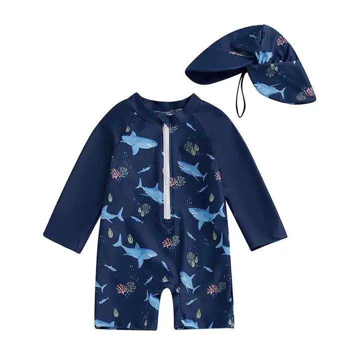 Maillot de bain 2 pièces pour enfants de 0 à 5 ans, imprimé requin, manches longues, demi-fermeture 
