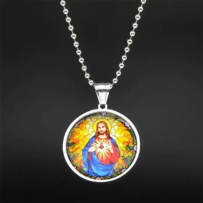 Pendentif de voiture en verre, médaille du sacré cœur de jésus, pour femmes et hommes, en acier inox
