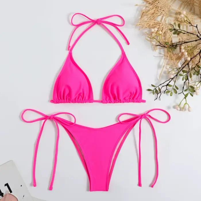Sexy femmes string couleur unie Bikini ensemble côté licou cravate maillot de bain dames sangle fendue réglable maillot de bain brésilien maillots de bain