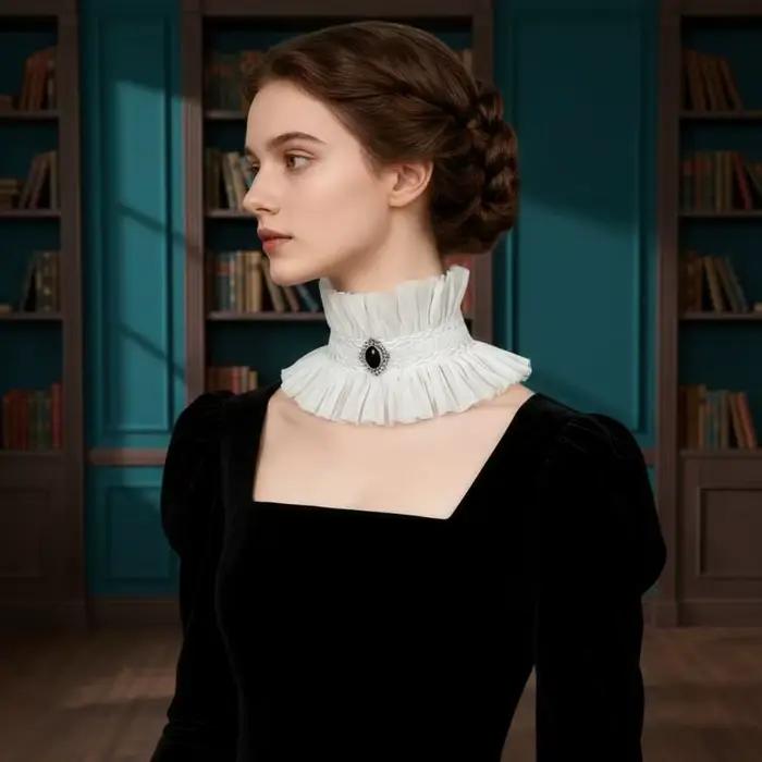 Collier de cou gothique à volants, style victorien noir et blanc, col jabot en dentelle décoré de pierres précieuses, pour cosplay et soirées costumées