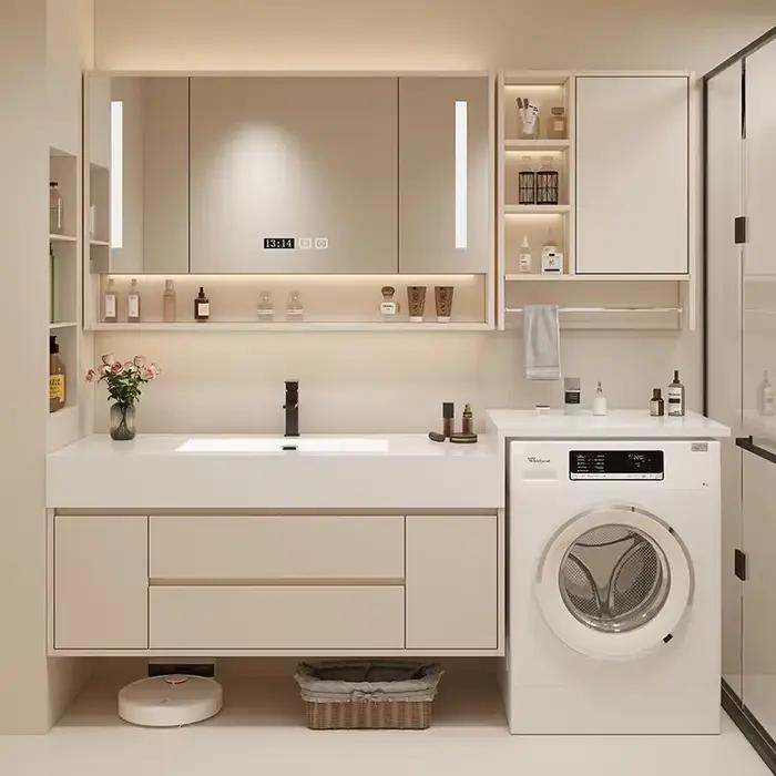 Meuble de salle de bain avec miroir lumineux, étagère murale de style nordique européen, meuble-lavabo avec tiroirs, meuble de toilette de luxe