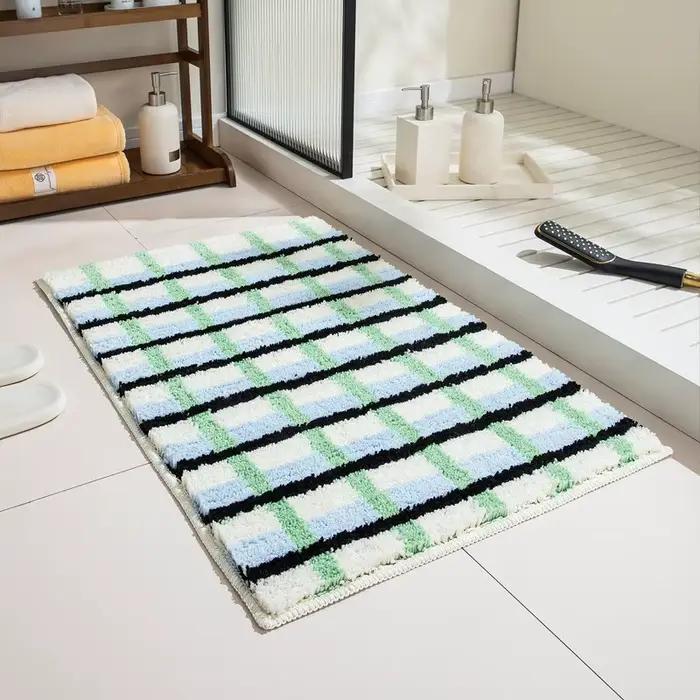 VIKAMA Tapis de salle de bain à carreaux vert et blanc, patchwork tricolore, motif géométrique, tapis antidérapant pour salle de bain, décoration de la maison