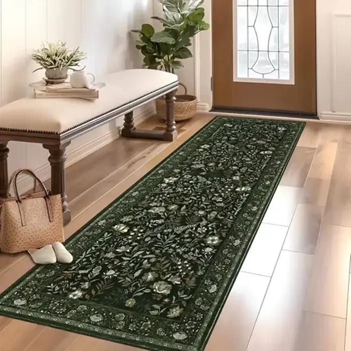 Tapis de couloir botanique vert foncé, style vintage, antidérapant, lavable, pour couloir, salon, chambre à coucher, entrée, décoration de la maison