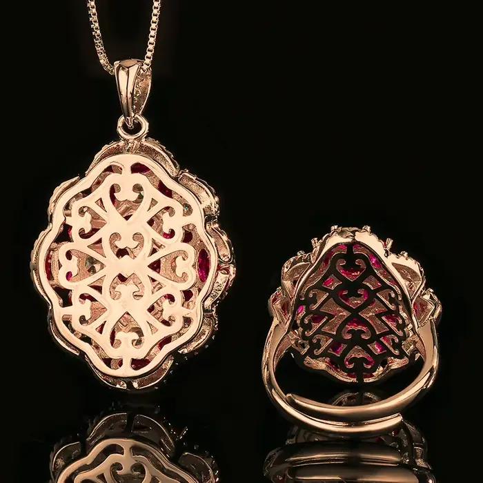 Bijoux en Zircon rubis rouge or Rose, Vintage, forme florale, anneau réglable, pendentif, collier, déclaration pour femmes, cadeau de fête de mariage