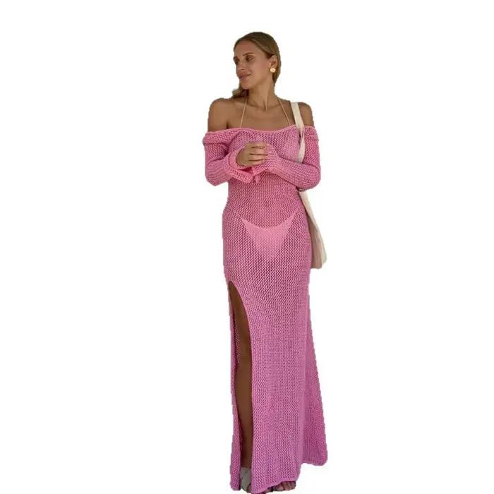 Robe de plage cache-maillot de bain, nouvelle collection été 2026, couleur unie, sexy, tricotée avec fentes irrégulières et dos nu