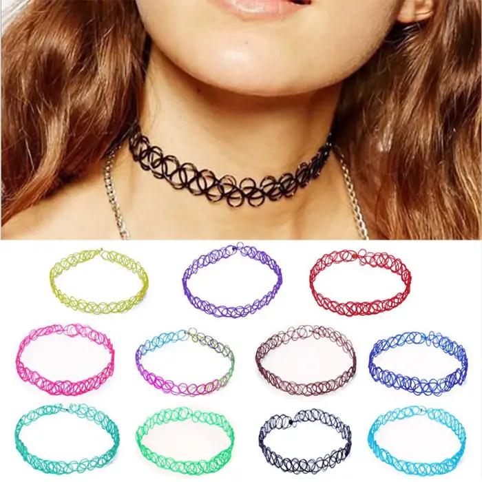12 pièces/ensemble couleur mixte tatouage arc-en-ciel Sautoirs Vintage gothique Punk élastique collier femmes bijoux tenue de fête décoration pour les filles