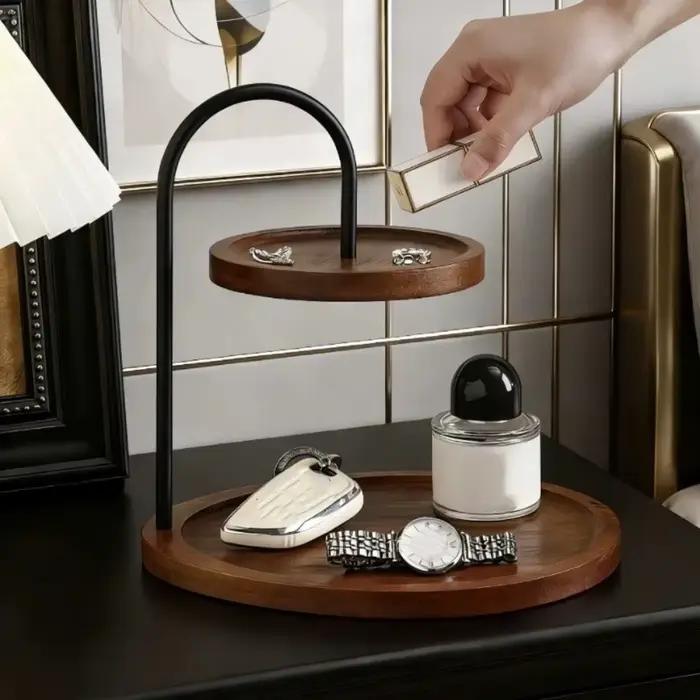 Support de plateau de service en bois, gain de place, décoratif, porte-clés, grande capacité, double couche, support à deux niveaux pour comptoir de salle de bain