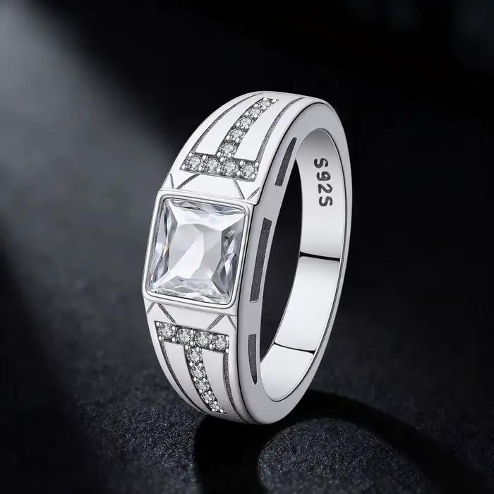 Bague pour homme en argent S925 pour la Saint-Valentin 2026, avec double T carré et zircon blanc étincelant, pour bijoux fins DIY
