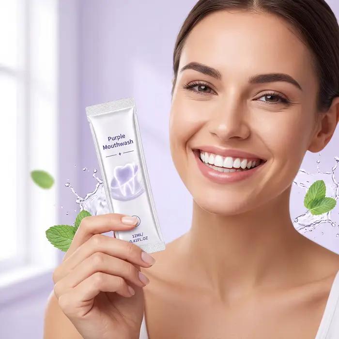 Sachets de bain de bouche violets de 12 ml sans alcool, menthe fraîche, pour voyage, rafraîchissement de l'haleine, nettoyant buccal jetable