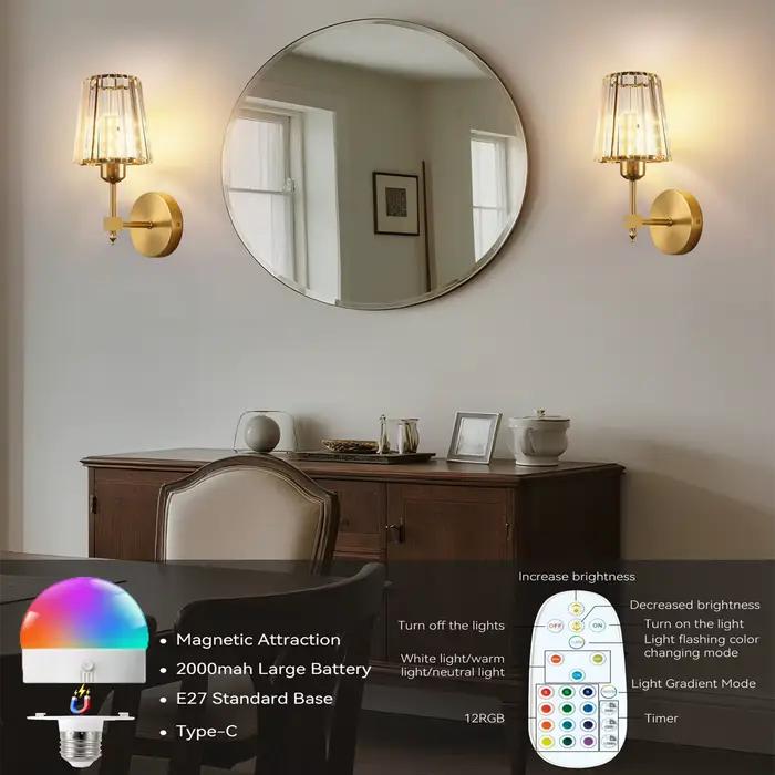 Applique murale sans fil à piles, applique murale sans fil avec ampoule à chargement USB, applique murale à intensité variable 15 couleurs avec télécommande, adaptée pour chambre à coucher, salon, cou