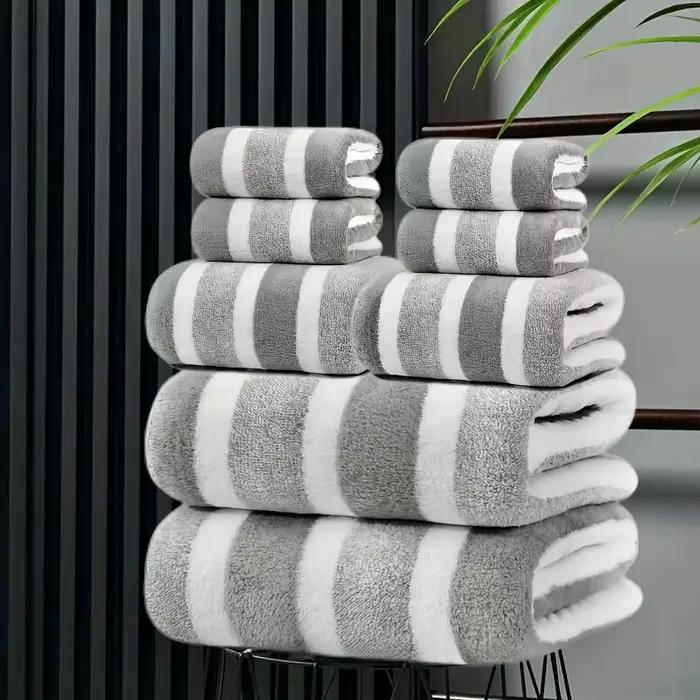 Ensemble de 8 serviettes de bain super douces, sans peluches et très absorbantes, serviettes rayées de qualité hôtelière en 2 couleurs, 2 grandes, 2 moyennes, 4 petites
