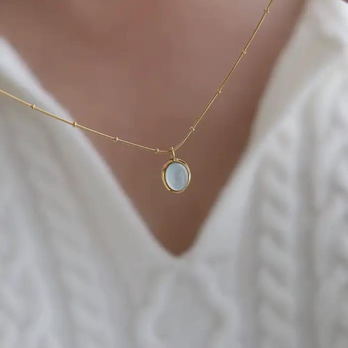 Amaiyllis naturel aigue-marine pierre ovale pendentif collier minimaliste délicat