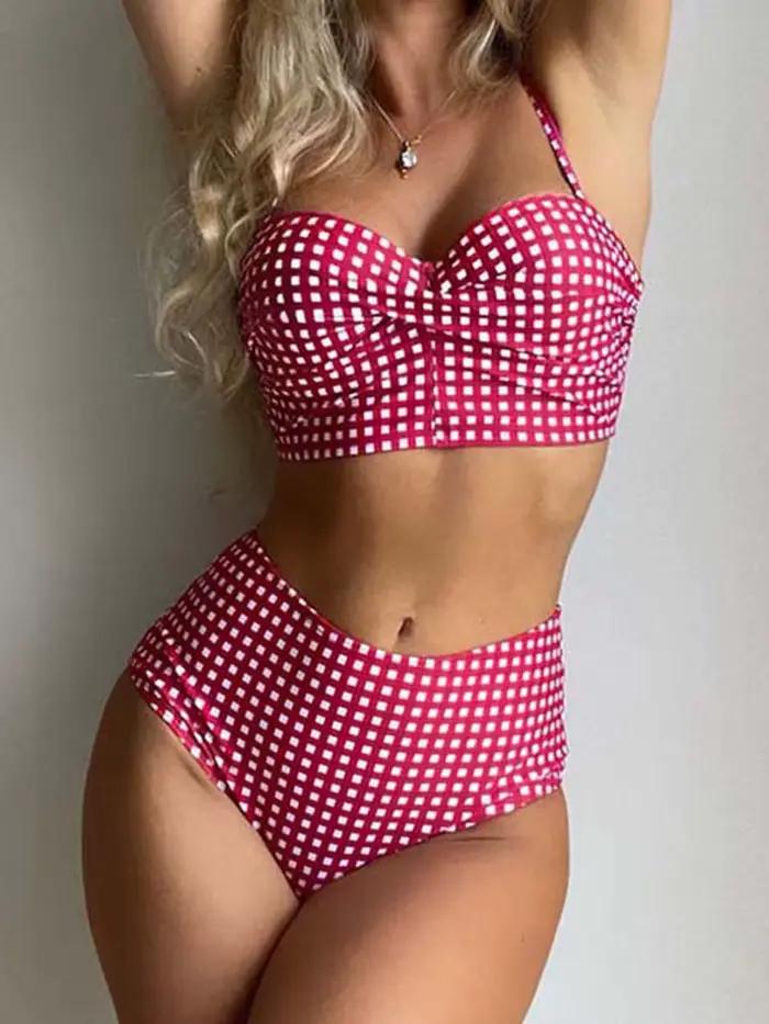 Bikinis taille haute 2026 pour femmes, maillots de bain imprimés à carreaux, maillots de bain sexy à bretelles pour femmes, maillots de bain rembourrés, tenues de plage