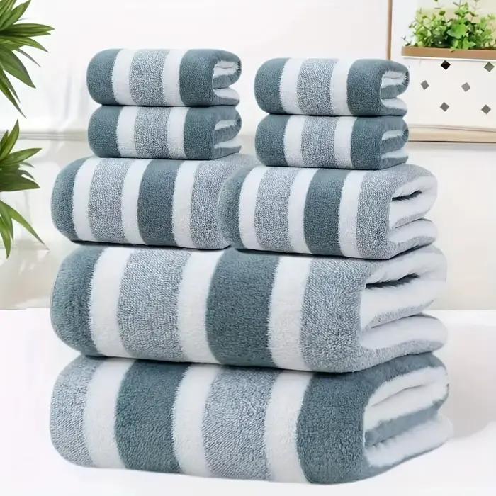 Ensemble de 8 serviettes de bain super douces, sans peluches et très absorbantes, serviettes rayées de qualité hôtelière en 2 couleurs, 2 grandes, 2 moyennes, 4 petites