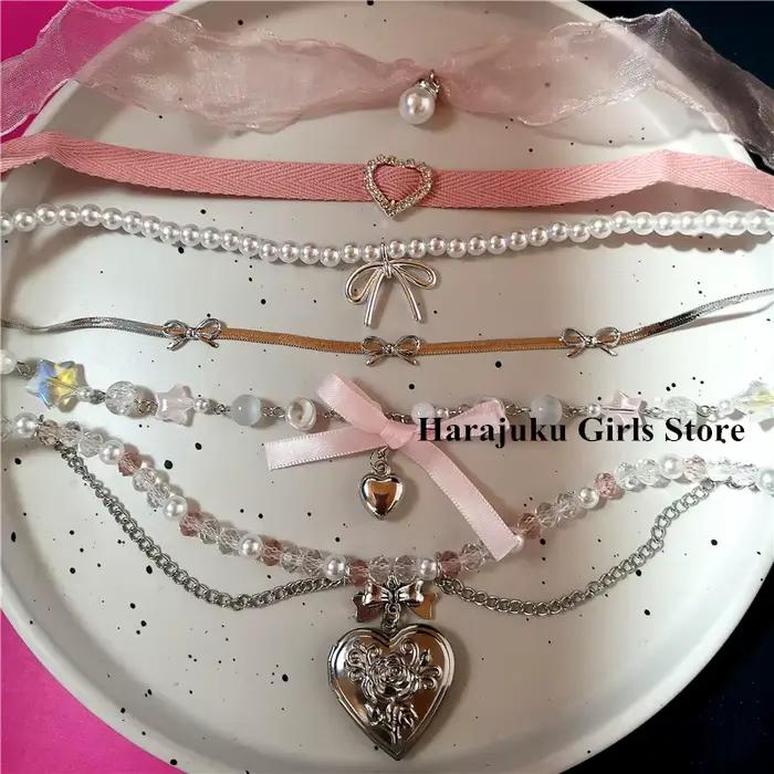 Chapelet coeur arc Fairycore perles tour de cou rose dentelle collier Y2K Pixie Fairycore Cottagecore collier bijoux accessoires cadeau