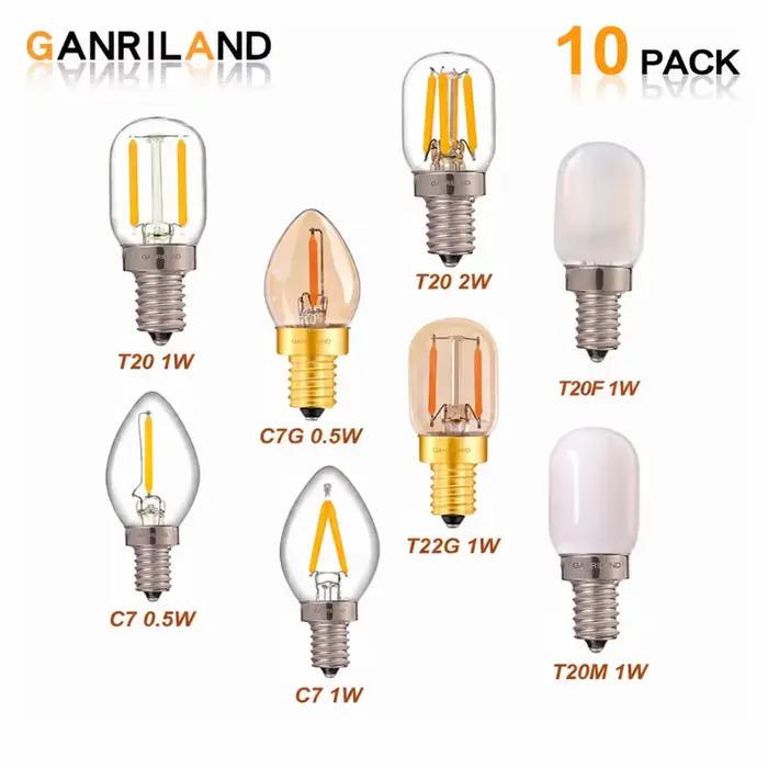 GANRILAND Lot de 10 ampoules LED bougies E12 E14 dimmables C7 T22G 1W, lumière décorative 110V US 220V EU, ampoule blanche chaude pour la décoration