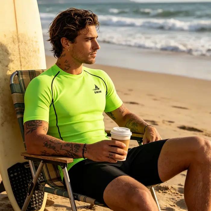 Maillot de bain de plage à manches courtes pour hommes, imprimé, avec protection anti-rayures, T-shirt de plage résistant à l'eau et à séchage rapide - J29