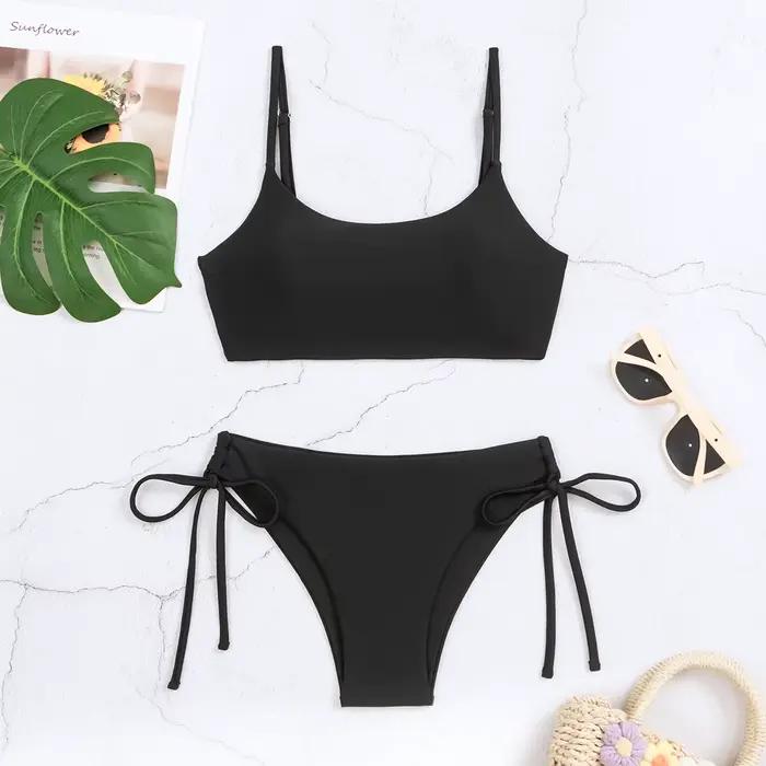 Maillot de bain noir deux pièces pour femmes, bikini string, taille haute, baigneur, baigneur, baigneur, ensemble, 2024