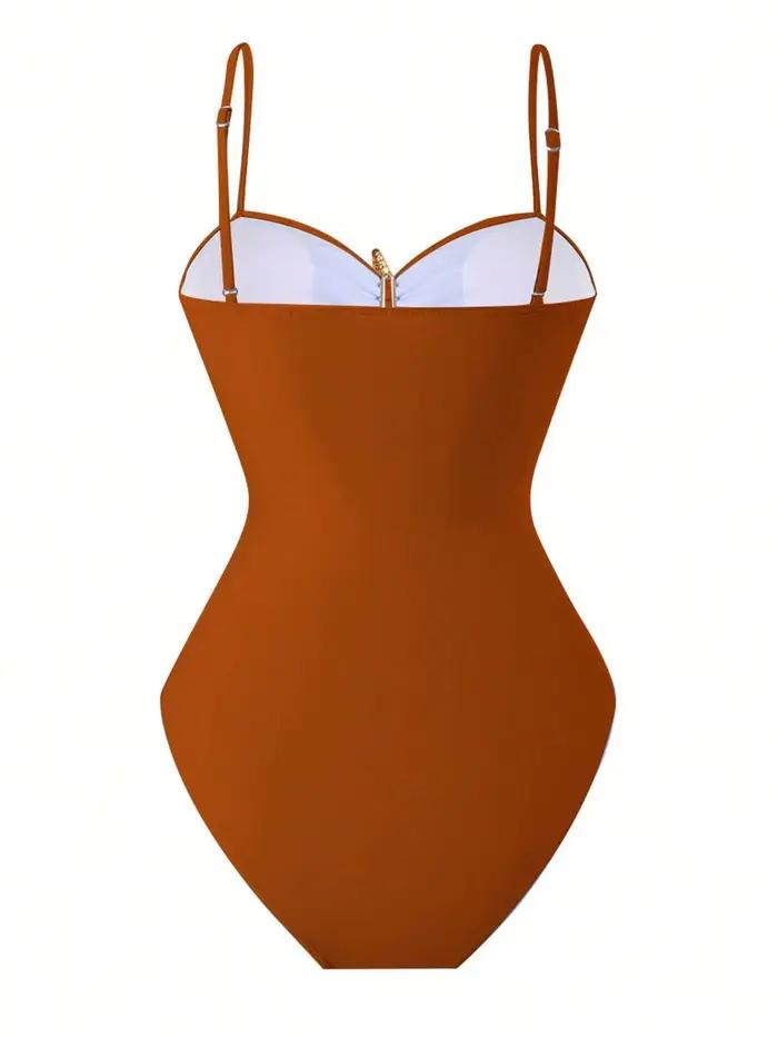 Ensemble de maillots de bain vintage à imprimé floral orange pour femme, maillot de bain une pièce avec motif étoile de mer évidé et contrôle du ventre, idéal pour les vacances