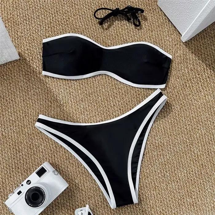 Noir Bandeau Micro Bikini string Sexy maillot de bain femmes 2026 bord blanc maillots de bain de vacances jambe haute coupe maillot de bain Bikinis ensembles