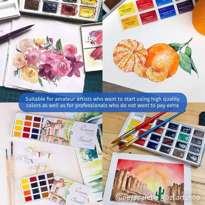 White Nights Sonnet Artists Ensemble de peinture aquarelle 16/24 couleurs vives et vives poêles complètes 2,5 ml dans une boîte en carton fabriquée en russie