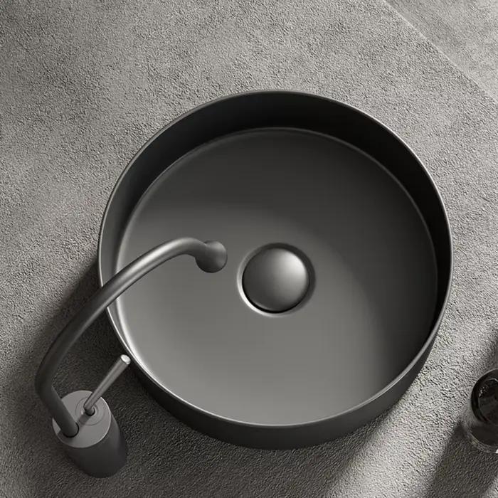 Lavabo de salle de bain moderne en céramique : blanc/gris foncé, finition mate, diamètre 36 cm/14 pouces, adapté à la vanité de salle de bain (sans robinet)