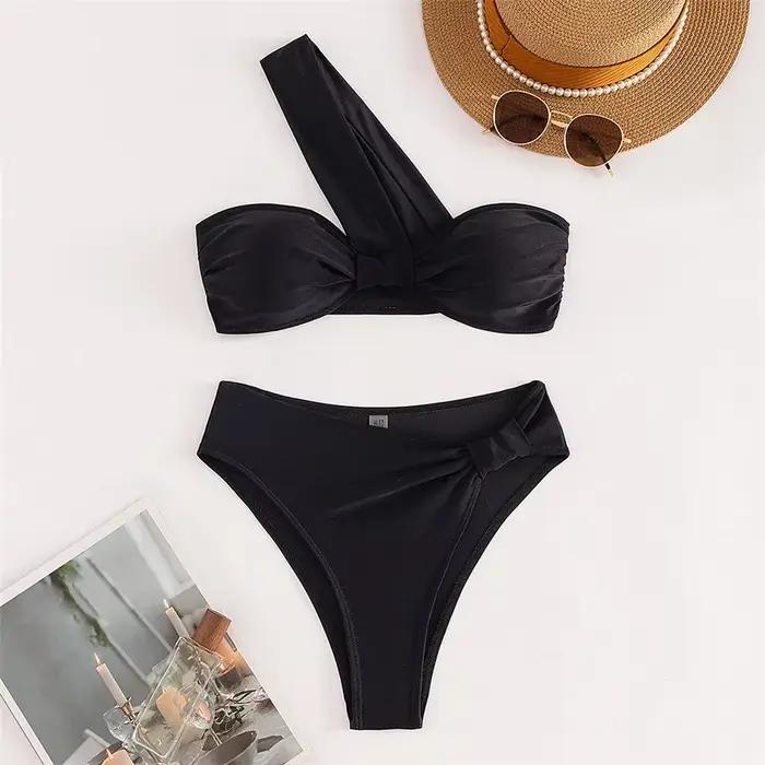 Marron une épaule Bikini taille haute Sexy maillot De bain femmes 2026 maillots De bain unis maillot De bain Bandeau Bikinis ensembles De Mujer Biquini
