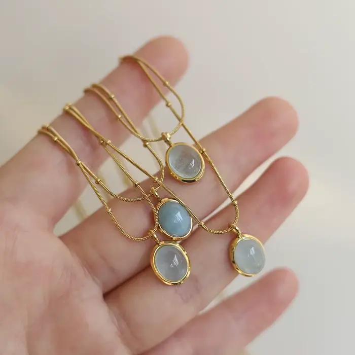 Amaiyllis naturel aigue-marine pierre ovale pendentif collier minimaliste délicat